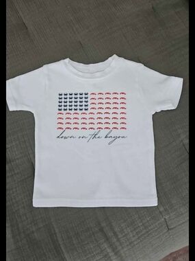 White Kids Tee with Red & Navy Flag Seafood Graphic